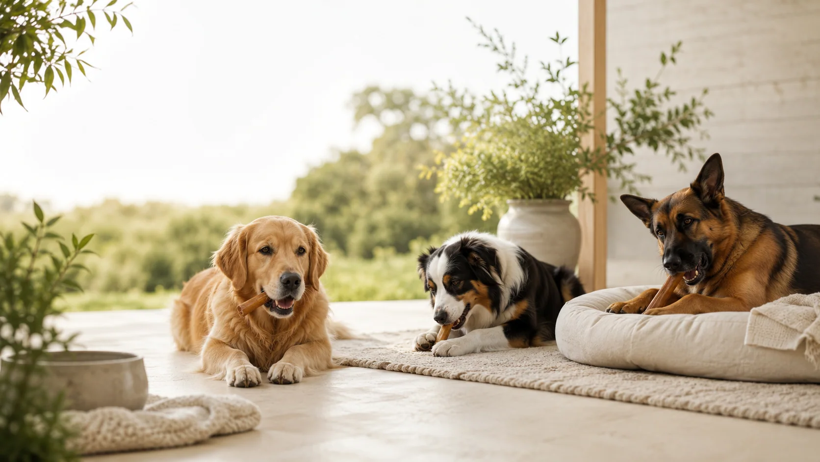Three happy dogs enjoying ChurPeak-style chew time together