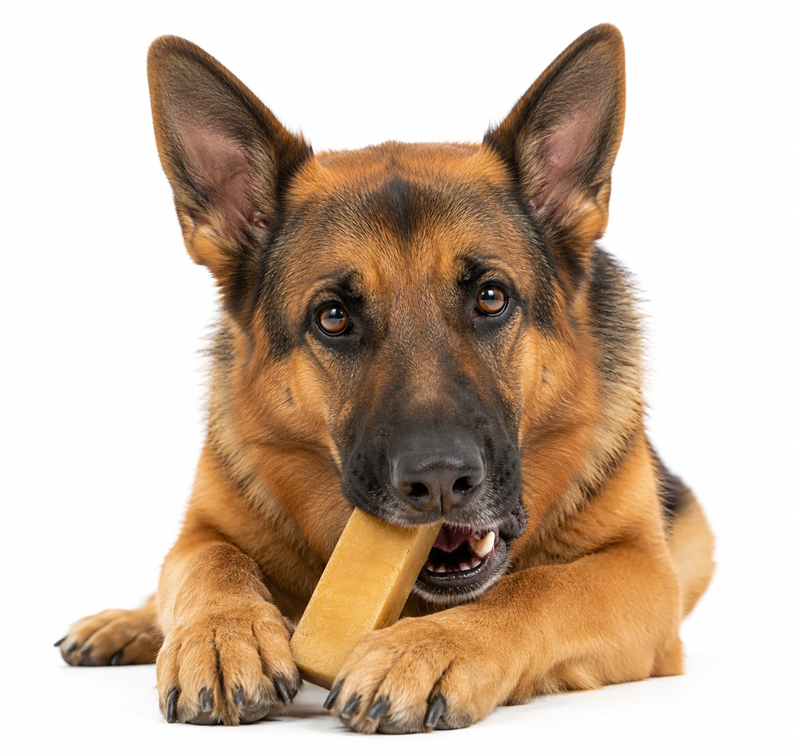 German Shepherd enjoying a golden Himalayan Dog Chew