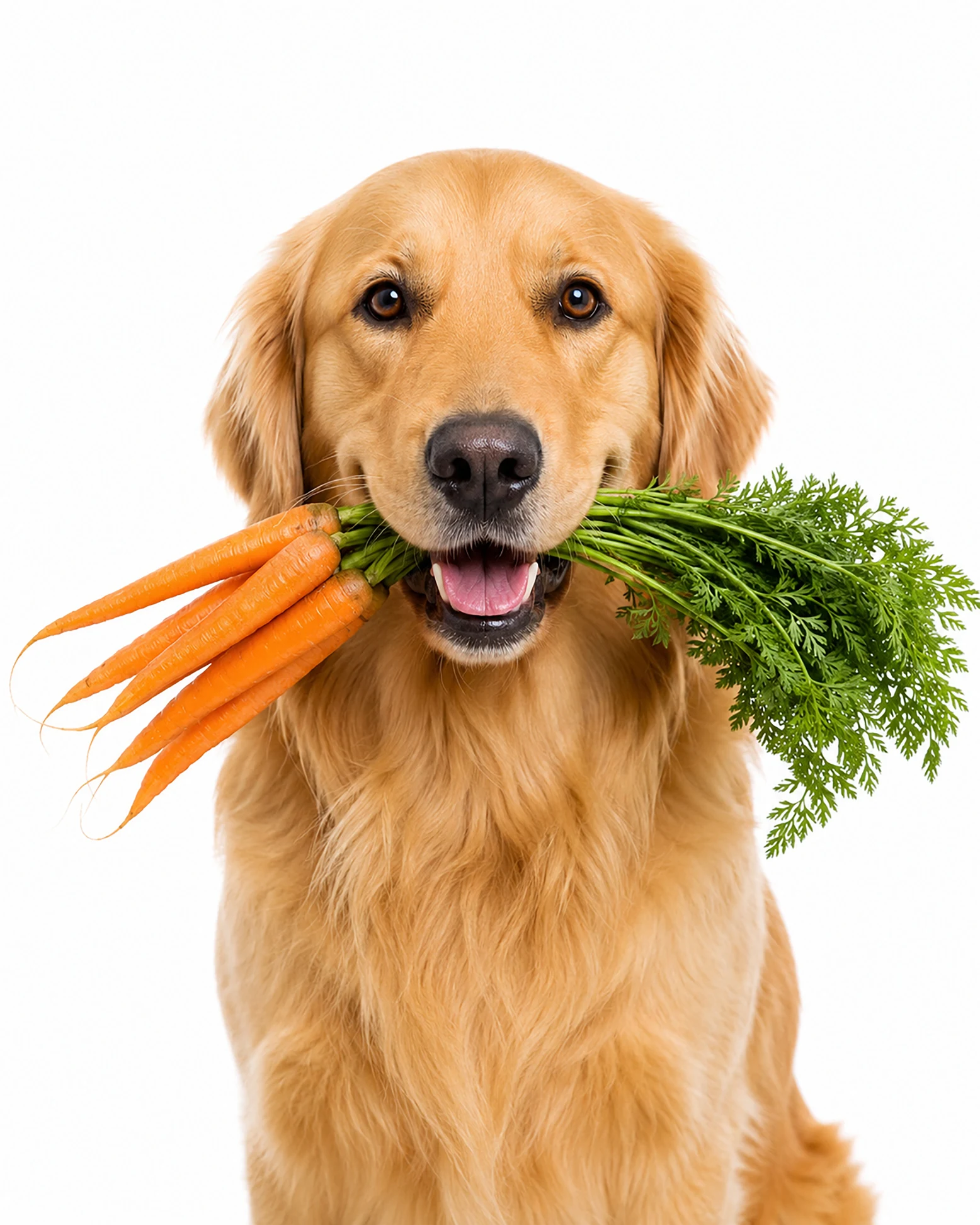 Golden retriever holding carrots for the Vegos plant-based chew