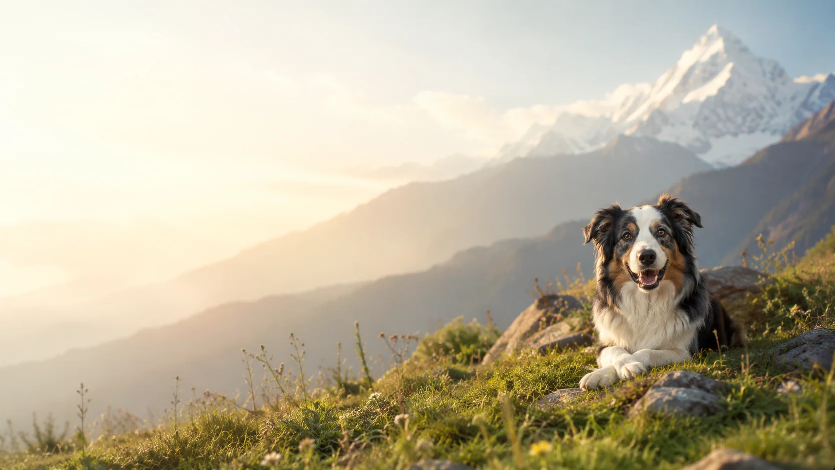 Happy dog resting in a sunlit Himalayan mountain landscape